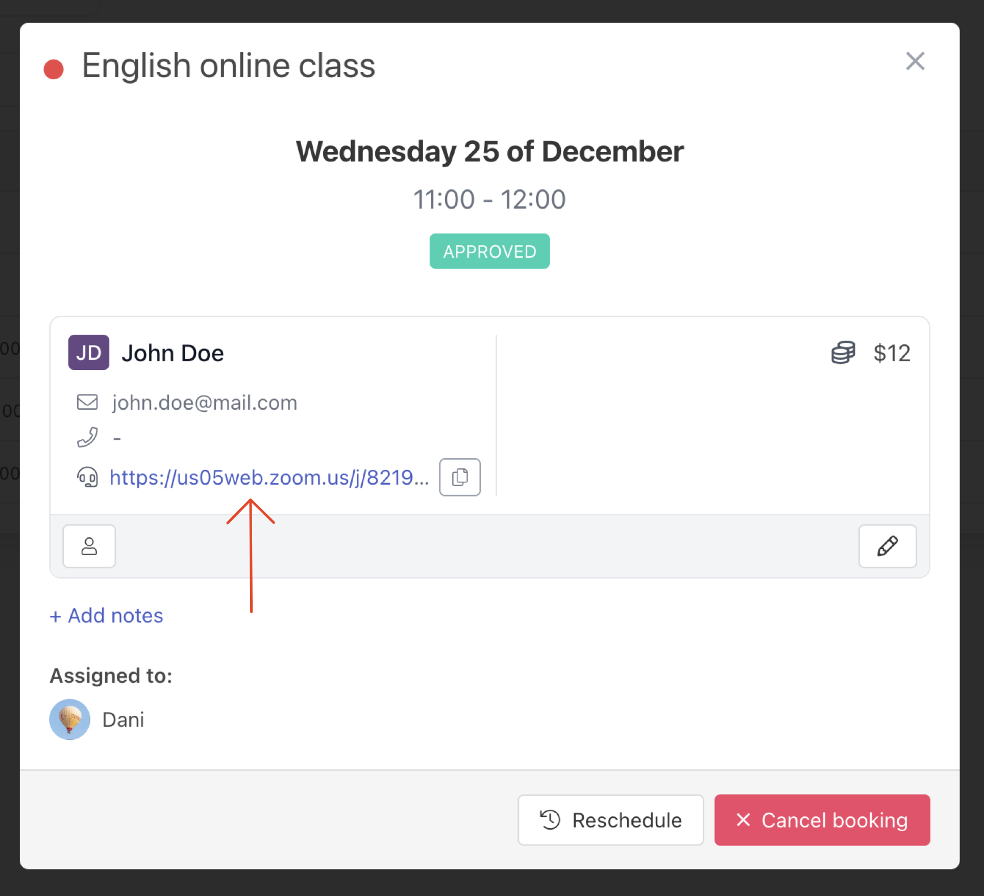 Booking with Zoom meeting link